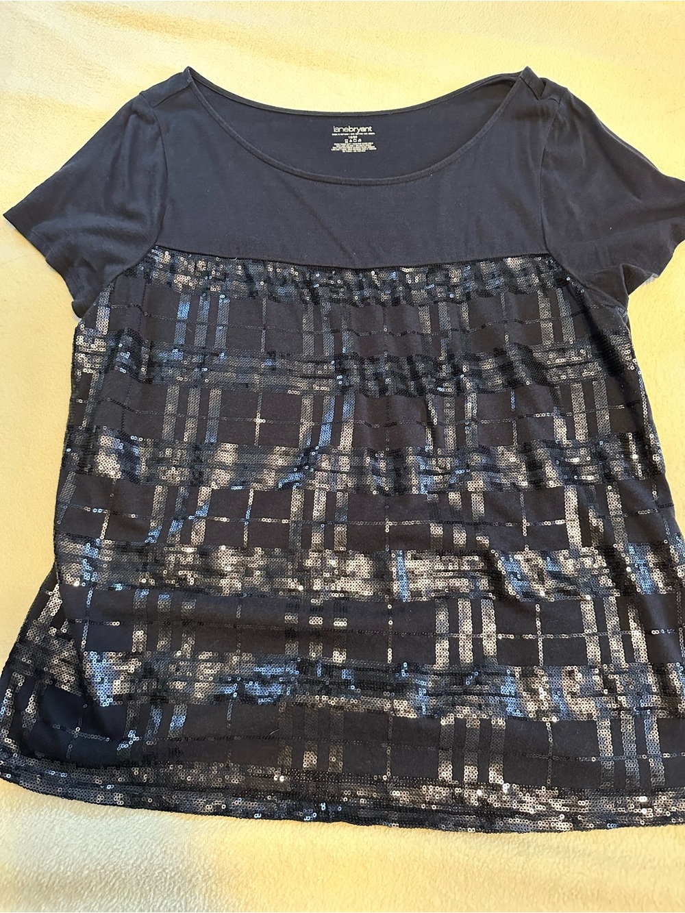 Lane Bryant Navy Sequin Plaid Short Sleeve Top